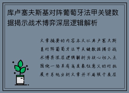 库卢塞夫斯基对阵葡萄牙法甲关键数据揭示战术博弈深层逻辑解析